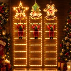 Viejo Pascuero en Escalera con Luces Led Solares Cálidas